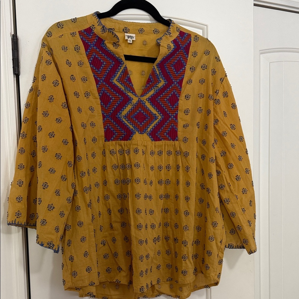 ivy jane Mustard Tunic with Red and Blue Embroidered Yoke